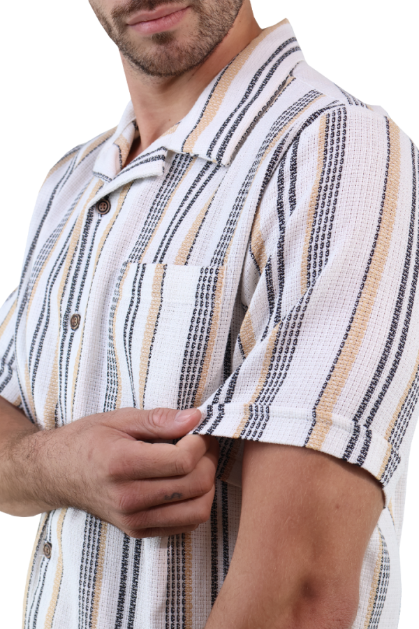 Camisa Estilo Resort De Algodón Manga Corta Estampado Vertical Para Hombre